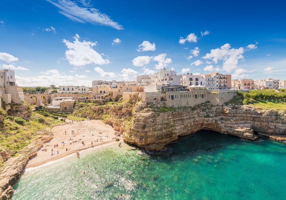 Beautiful Polignano a Mare against a blue sky.