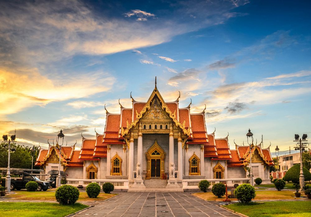 thailand pagoda with blue sky and sunset