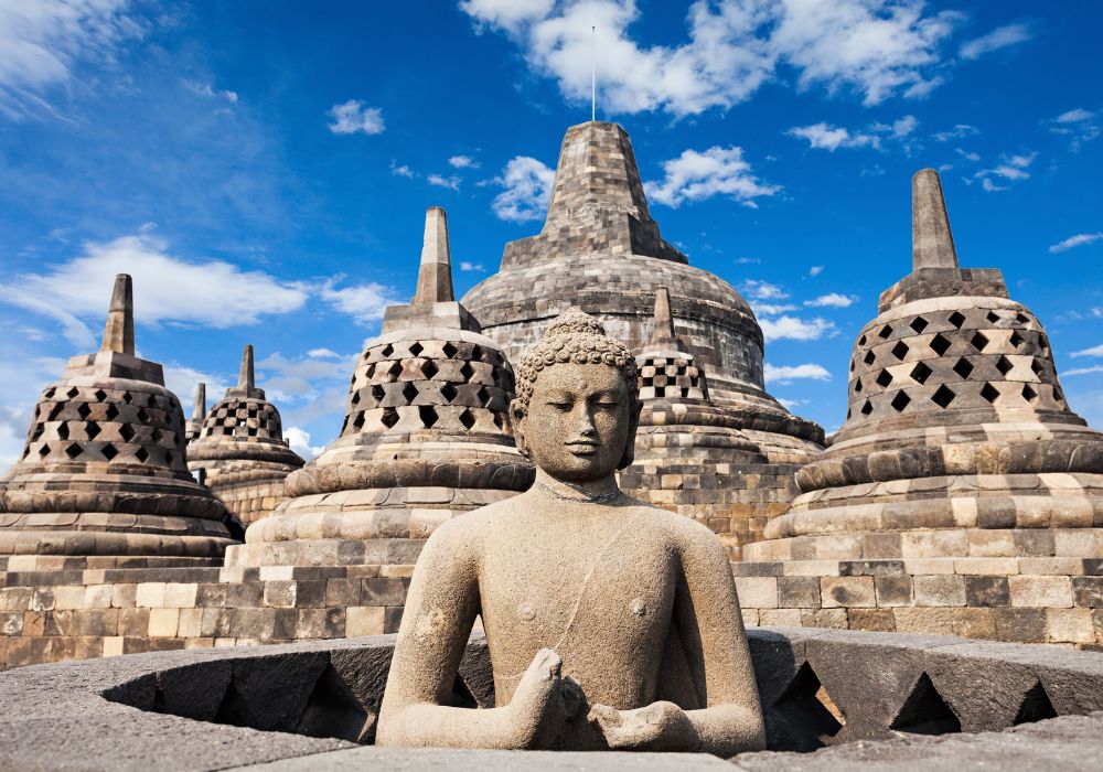 The Buddha staue in Borobudur Temple in Java Island, Indonesia.