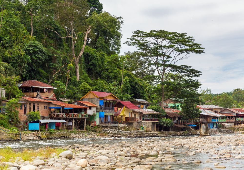 Beautiful river townscape view of Bukit Lawang in Sumatra, Indonesia.