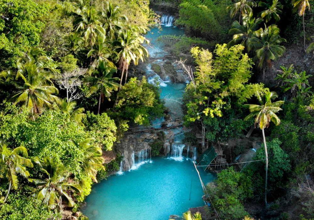 Aerial view of the beautiful Cambugahay Falls in Lazi, Siquijor