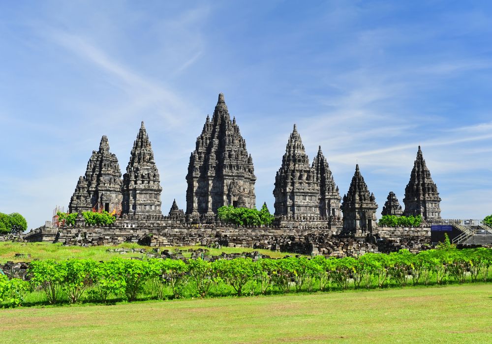 The stunning Prambanan Temple on a bright day.