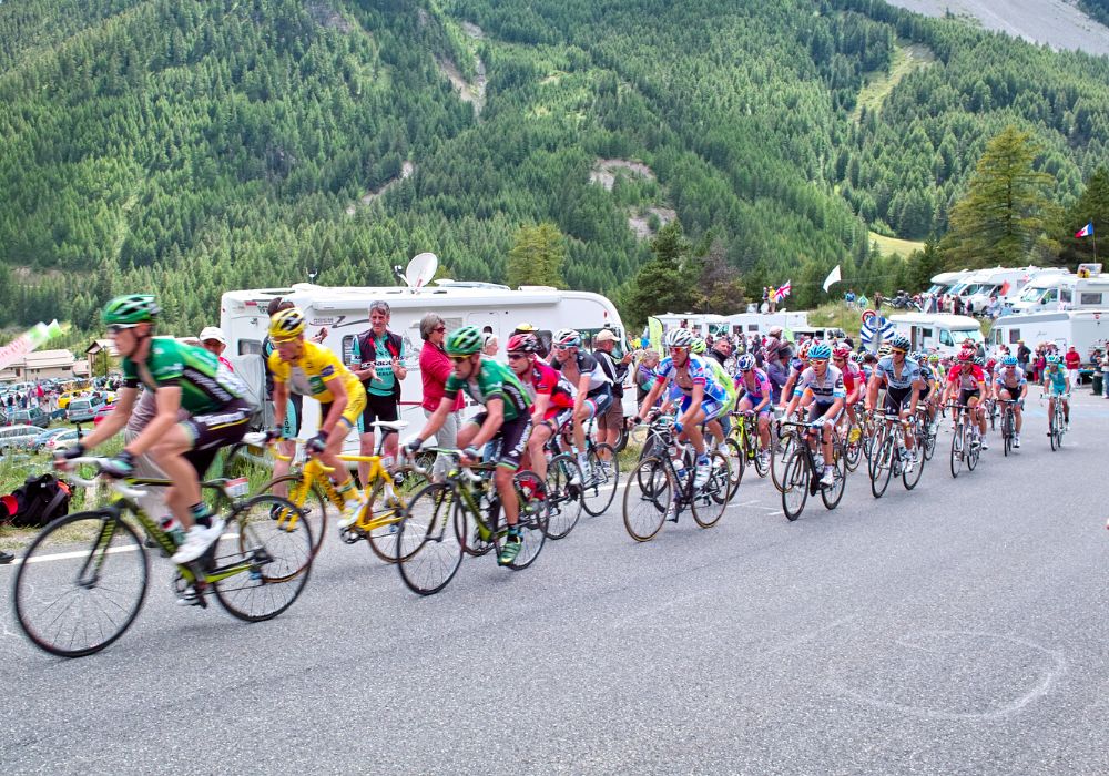 Bikers at the Tour de France driveway to Col d'Izoard