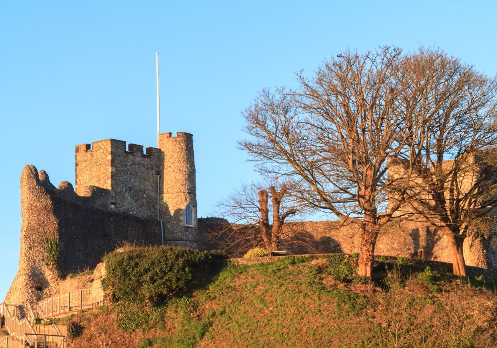 A stunning view of Lewes Castle in Sussex, UK, with a blue sky in the background.