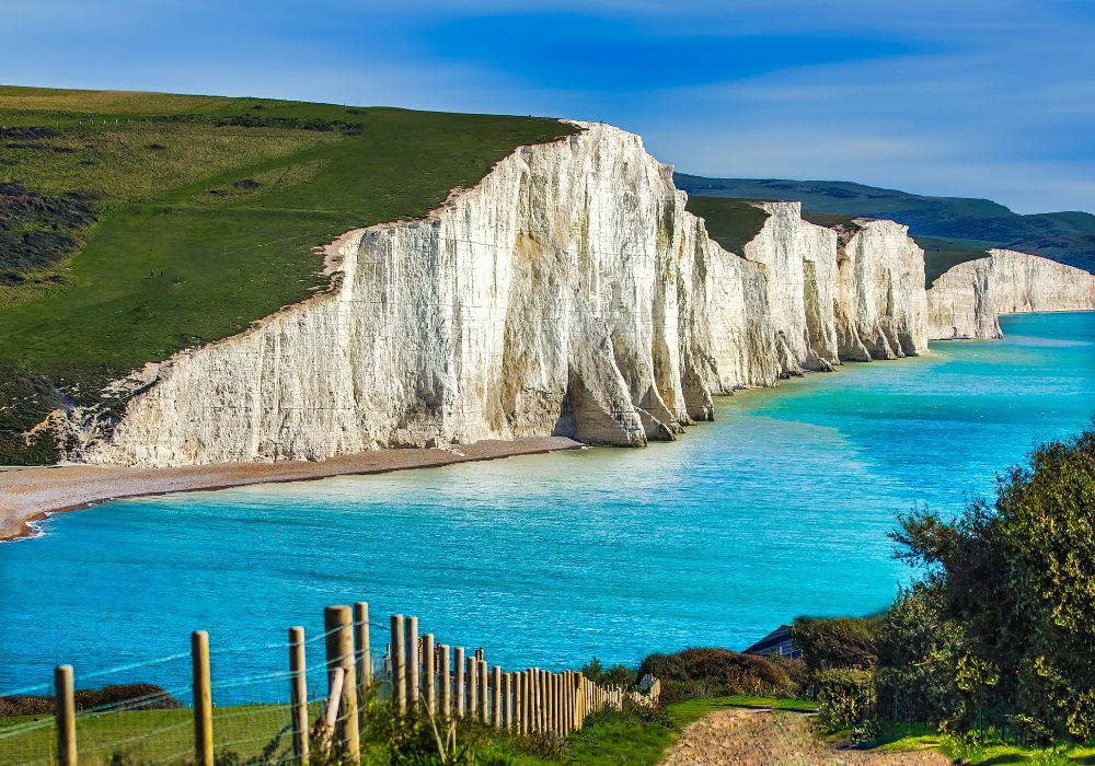 View of the coastline and White Cliffs of Dover in Kent, England.