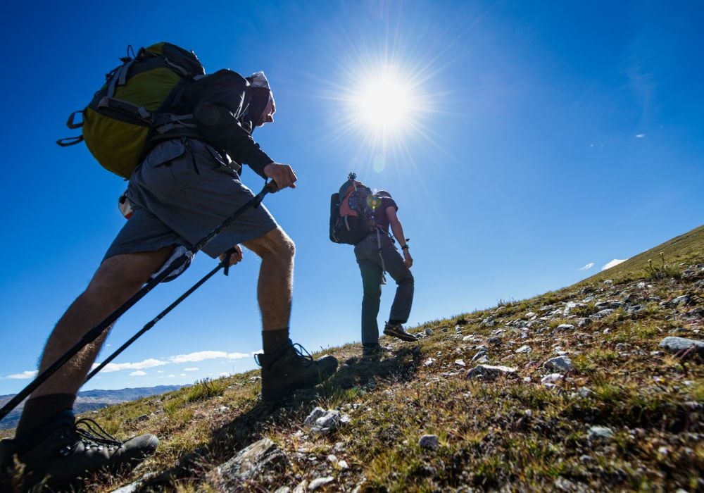 Two people were trekking under the heat of the sun.