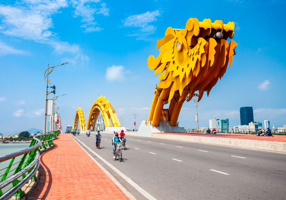 Danang Dragon bridge through Han river in Da Nang City in Vietnam