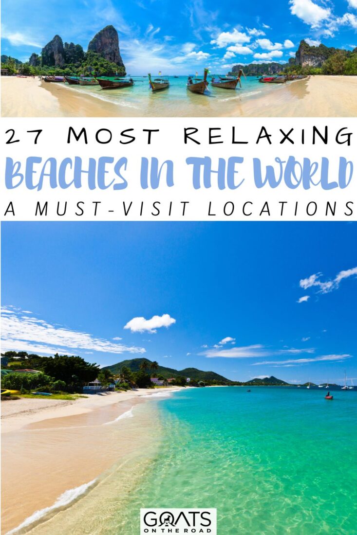 Daydreaming of the prettiest beaches in the world? Check out these 27 most relaxing beaches in the world to visit and enjoy! They're perfect for a fabulous beach getaway such as Morne Rouge Beach in Grenada, Holbox Island in Mexico, Palm Island in the Grenadines, Railay West Beach in Thailand, and a lot more! | #vacation #beautifuldestinations #beach
