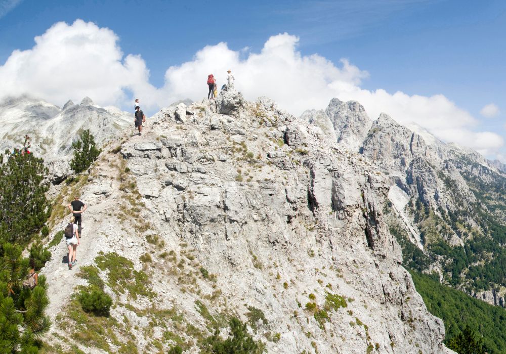 View of summit Jezerca in Albanian Alps from Valbona Pass in Valbona Valley National Park during hike from Theth to Valbona