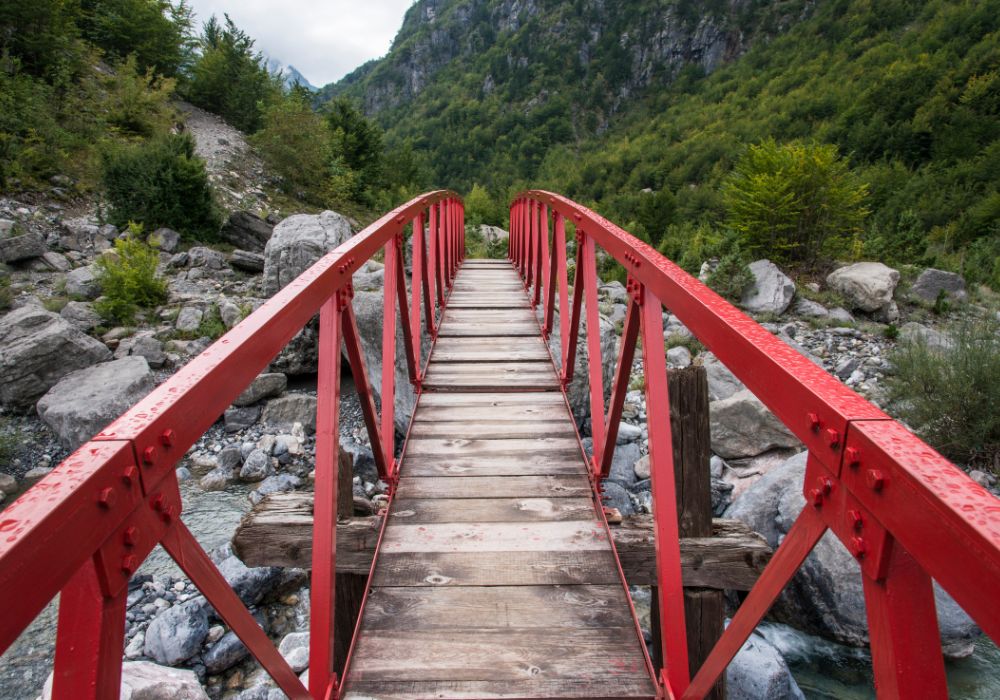 Red bridge in Grunas Canyon, Theth, Albania