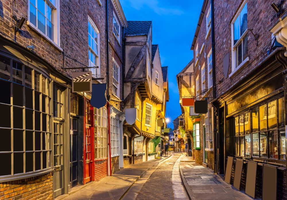 York shambles alley sunset dusk in York, England.