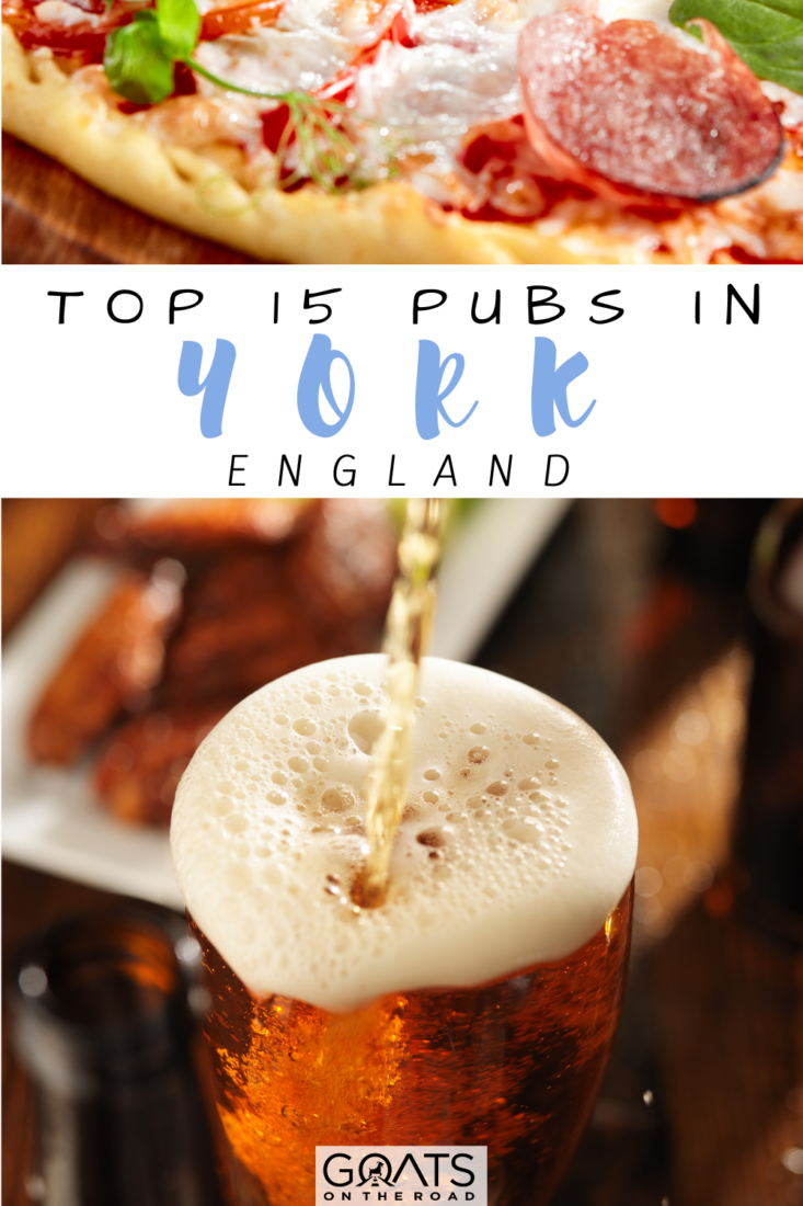 A pint of beer and Prosciutto Funghi Pizza on a wooden board in several York pubs