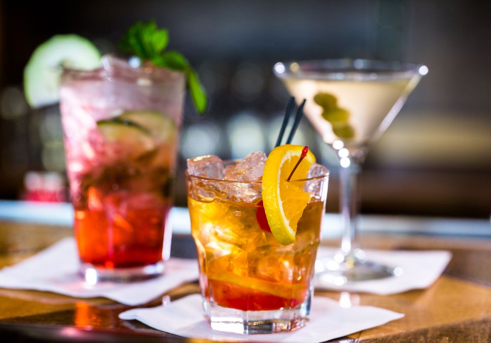 Colorful cocktails on the bar table in a bar