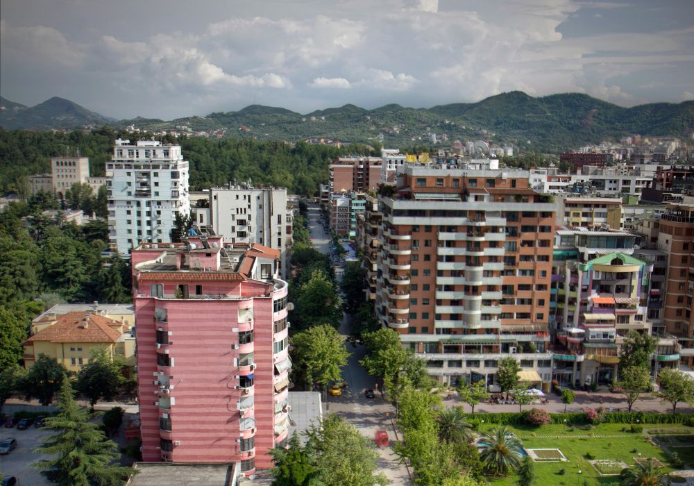 Ibrahim Rugova St Blloku bar street district town in an aerial perspective.