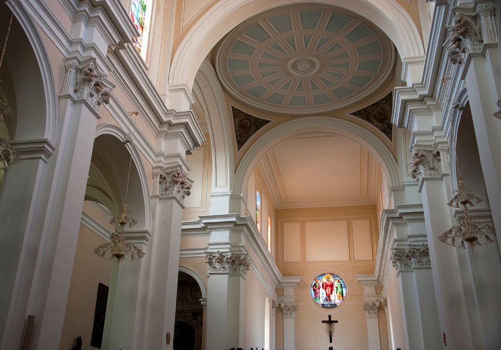 Nave of the cathedral's baroque interior in Brindisi, Puglia.