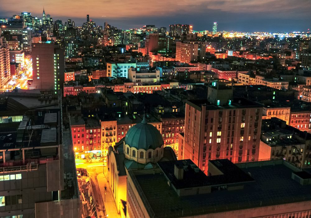 Panoramic aerial view of rooftops of the East Village in New York City.