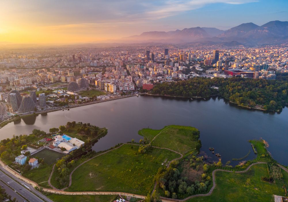 aerial view of Tirana artificial lake at sunset