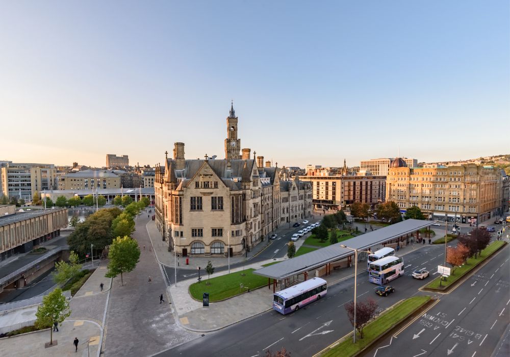 Aerial view of Bradford city centre, Yorkshire, UK.