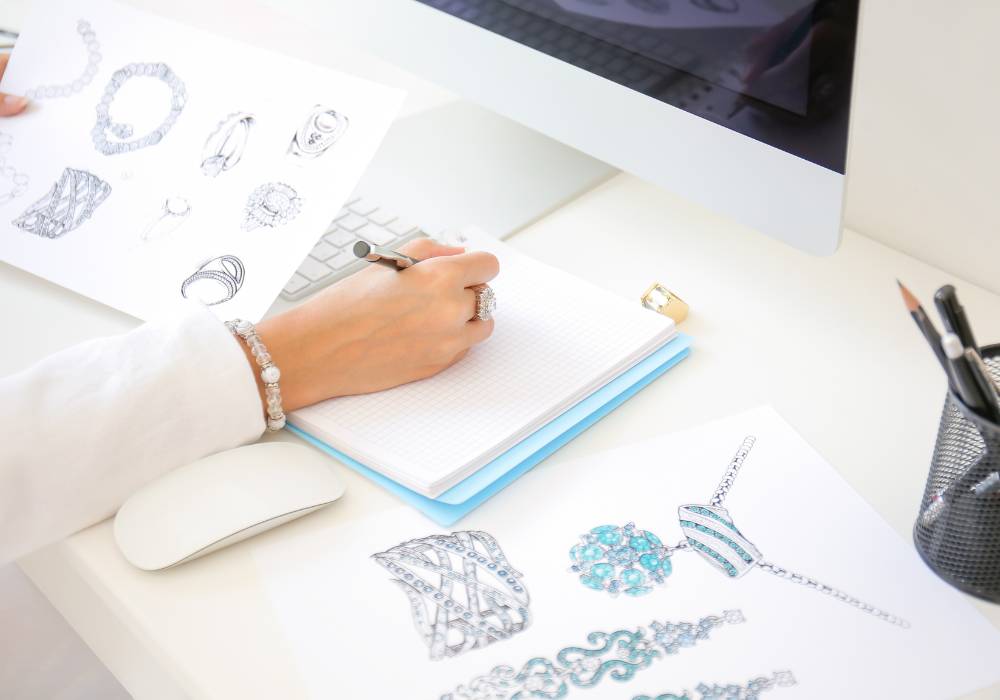 A jewelry design blogger works on sketches of jewelry in front of her computer.