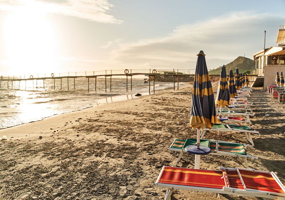 Empty sun beds on the beach in Durres, Albania.