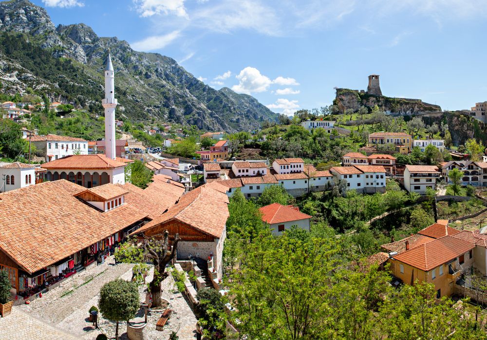 View over the old town of Kruje and its fort in Albania.