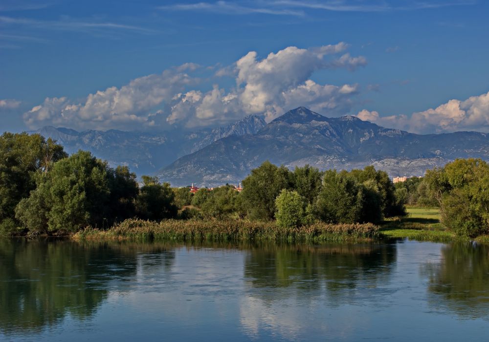 The beautiful Lake Shkoder and Albanian alps near city Shkoder.