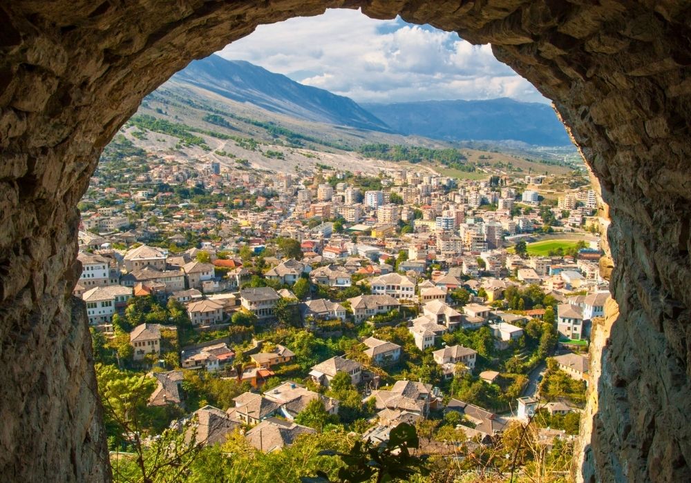 View of Old Town Gjirokaster from the castle, Albania