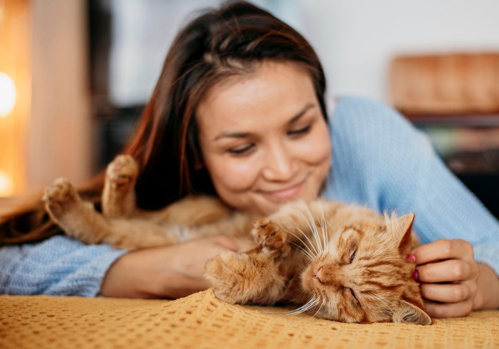 A woman is petting an adorable cat.