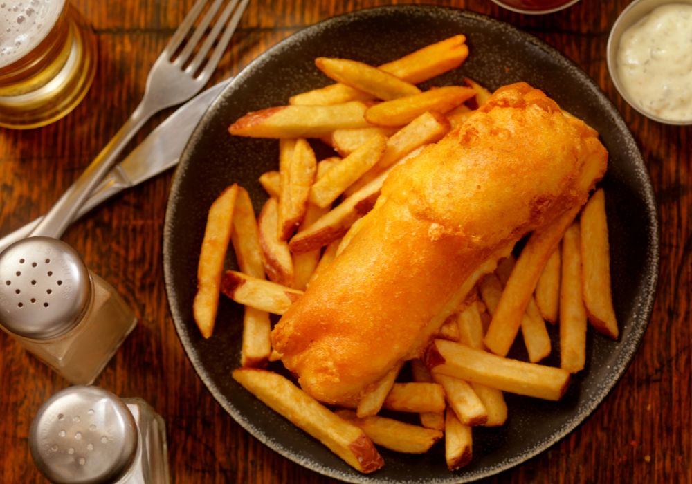 beer-battered fish and chips in Stroud pub