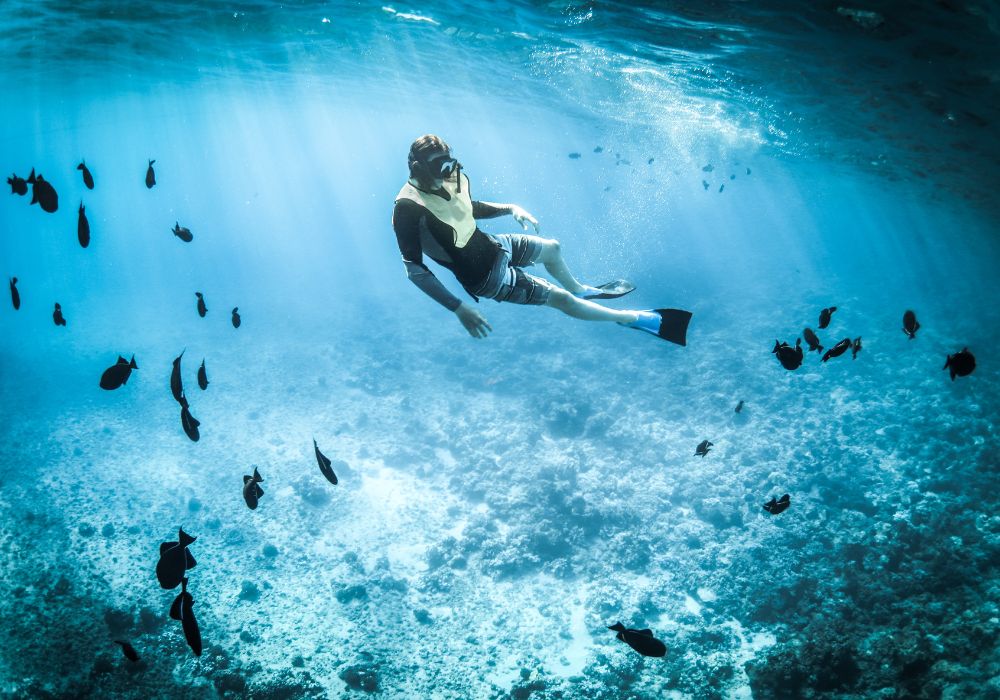 snorkelling in larnaca man surrounded by fish and clear water