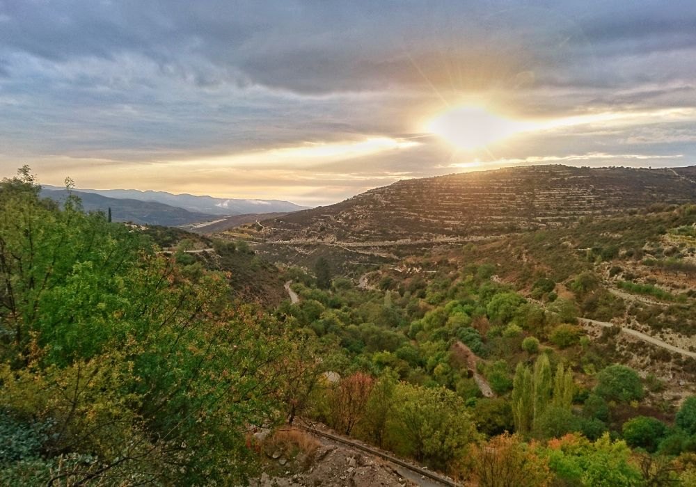 troodos mountains of cyprus with the sunset in the distance