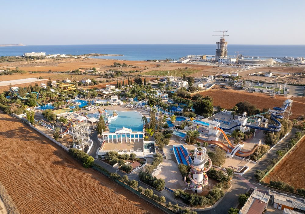 ayia napa waterpark in cyprus surrounded by fields and water