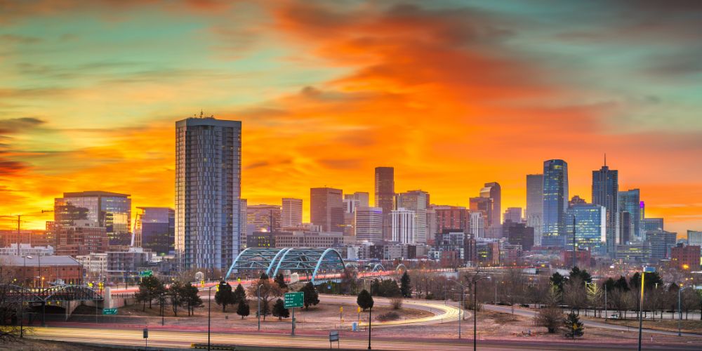 Beautiful sunset behind the Denver city skyline