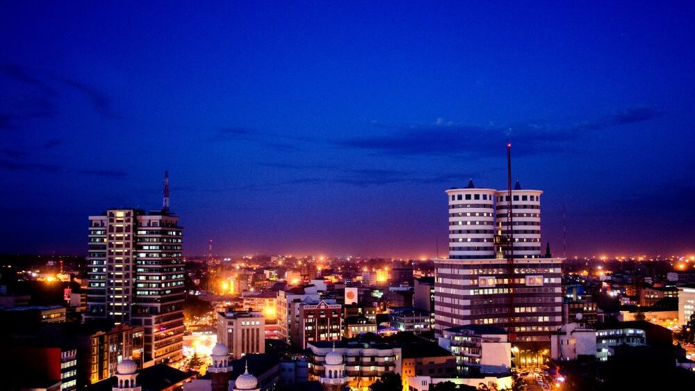 The beautiful downtown district of Nairobi, Kenya, at dusk with city lights