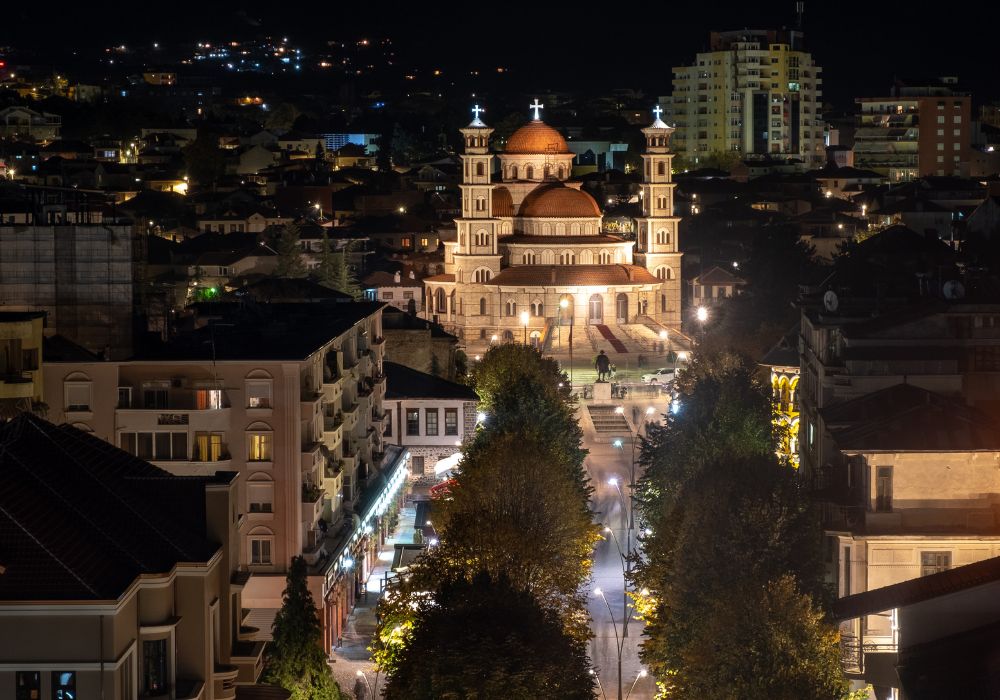 The Resurrection of Christ Cathedral at night is the largest Orthodox church in Albania