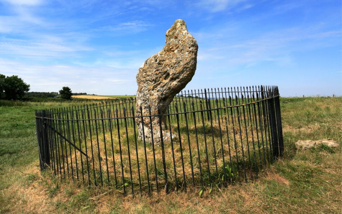 The Kings Stone on a clear blue sky in Chipping Norton