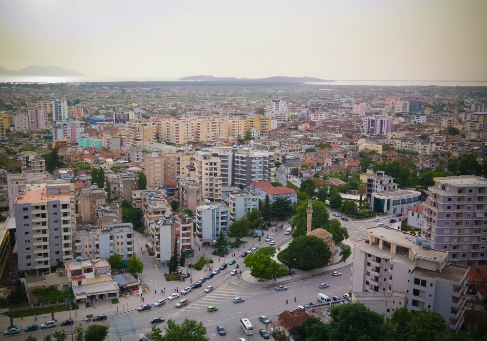 Aerial panoramic view to Vlore City and sea in Albania