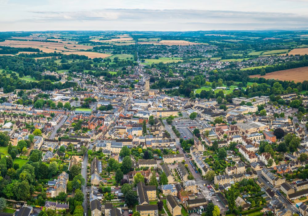 This is an aerial view of the neighborhoods surrounding Cirencester Abbey.