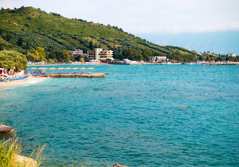 A small beach with a turquoise crystal clean water on beautiful summer in Adriatic Sea Vlore coast, Albania