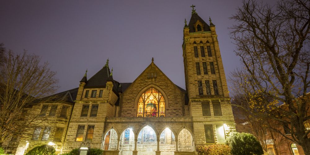 Church in Asheville at night