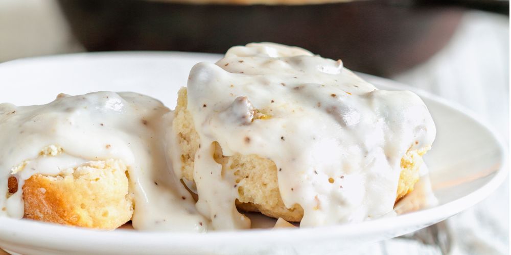 Closeup of biscuits and gravy