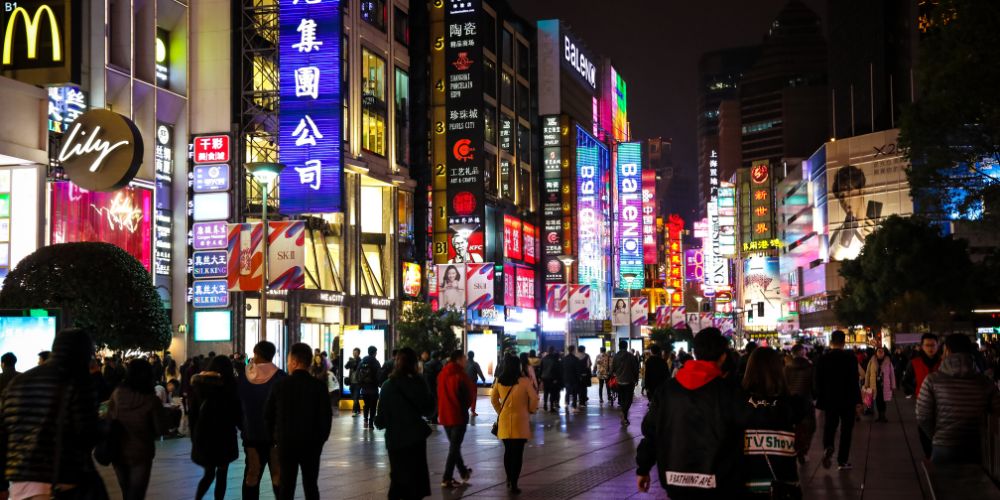 International restaurants on a busy street in China