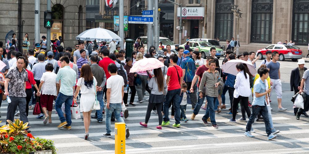 Pedestrians on a crowded street in China