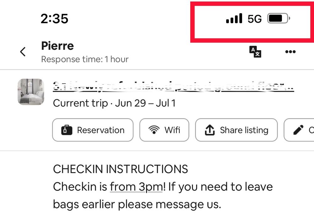 airbnb listing showing 5G coverage with an eSIM