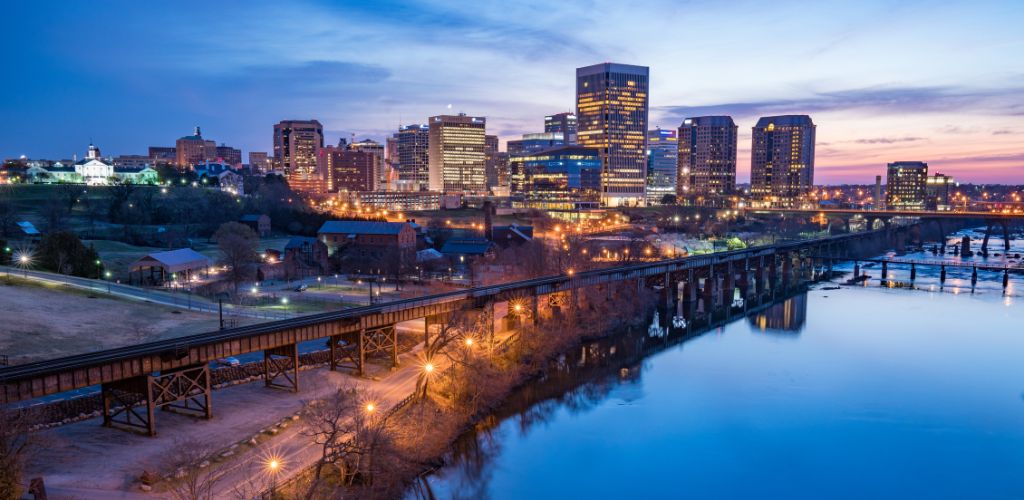 Richmond Virginia night City skyline along the james river