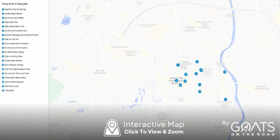 A map of the best things to do in Chiang Mai custom built by Goats On The Road. Click the map to view it on Google Maps and get directions