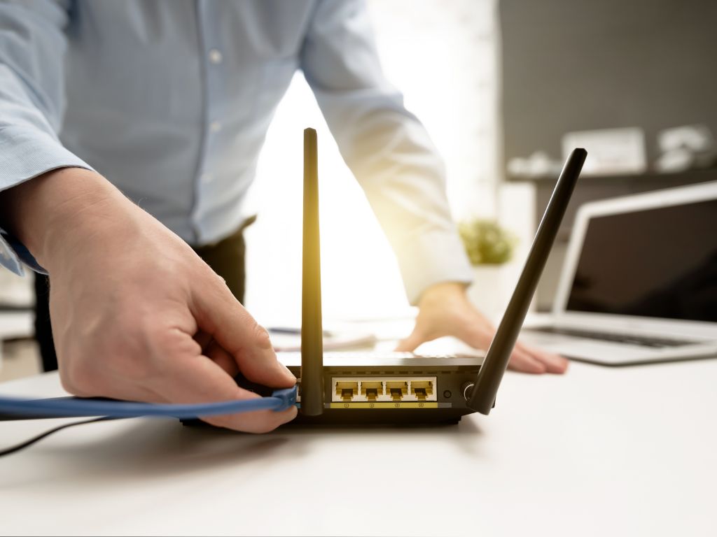 man plugging an internet cable into the back of a travel router