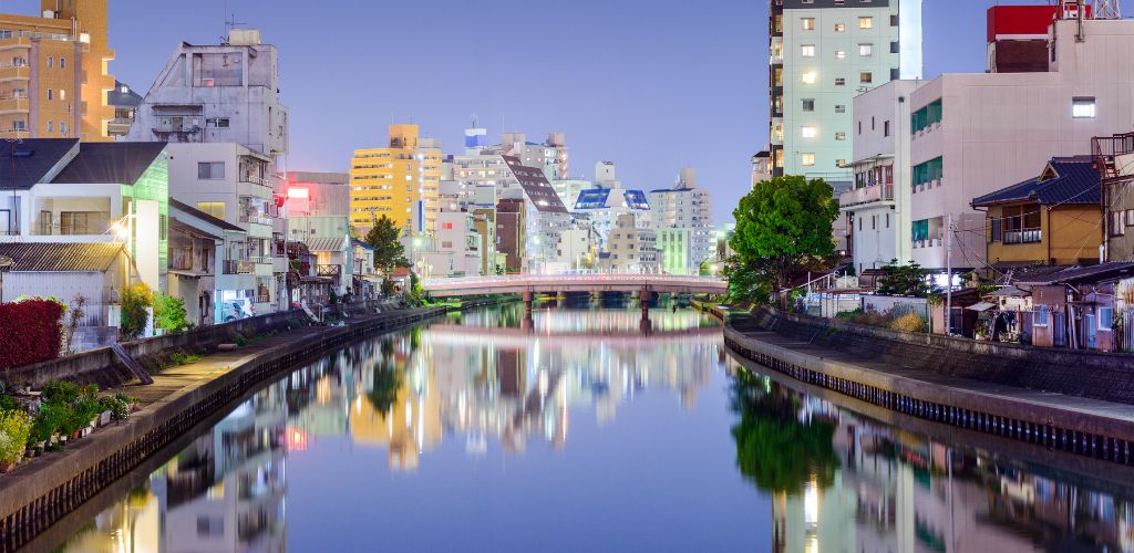 wakayama city at dusk with the river and buildings lit up