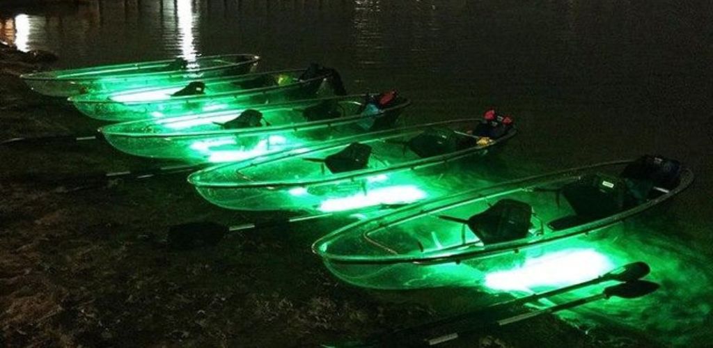 Five kayas glowing in the dark parked at the shore. 