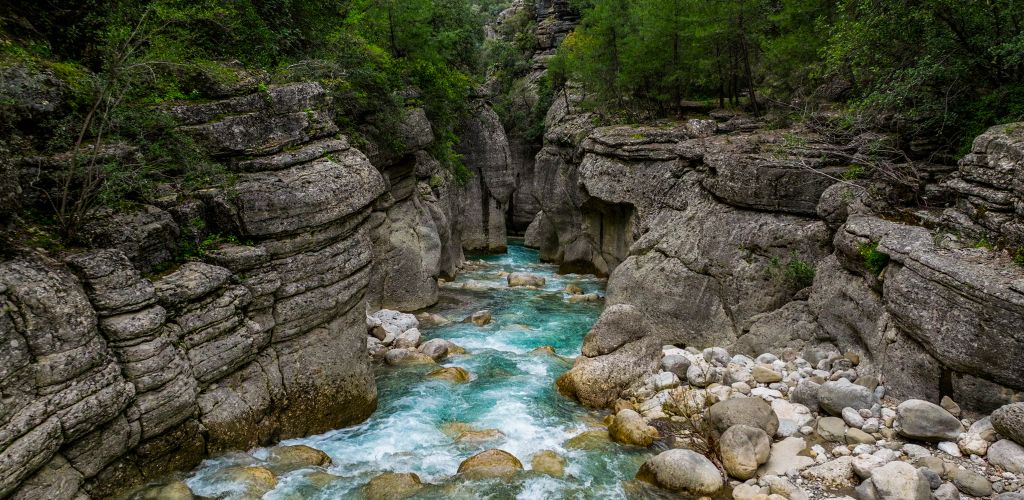 Aerial view of Köprülü Canyon in Antalya, in Manavgat River Canyon, Koprulu Canyon National Park, Blue river from Köprülü Tazi canyon, Manavgat Antalya Turkey, turquoise water river